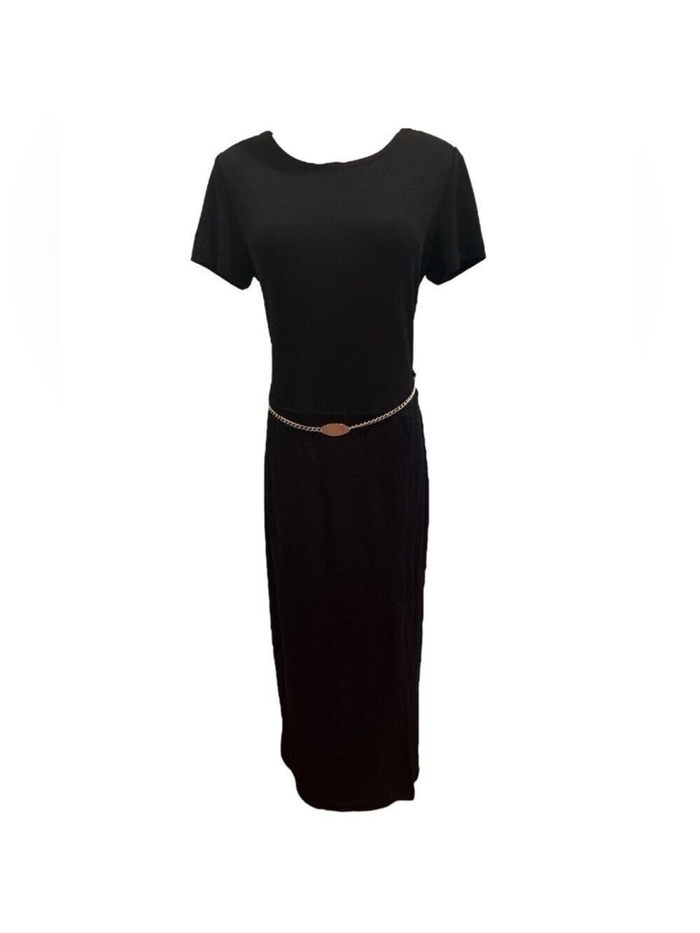 90s RONNIE NICOLE BLACK STRETCH KNIT LONG MIDI DRESS W SLIT & CHAIN DETAIL SZ 10 - Picture 3 of 10